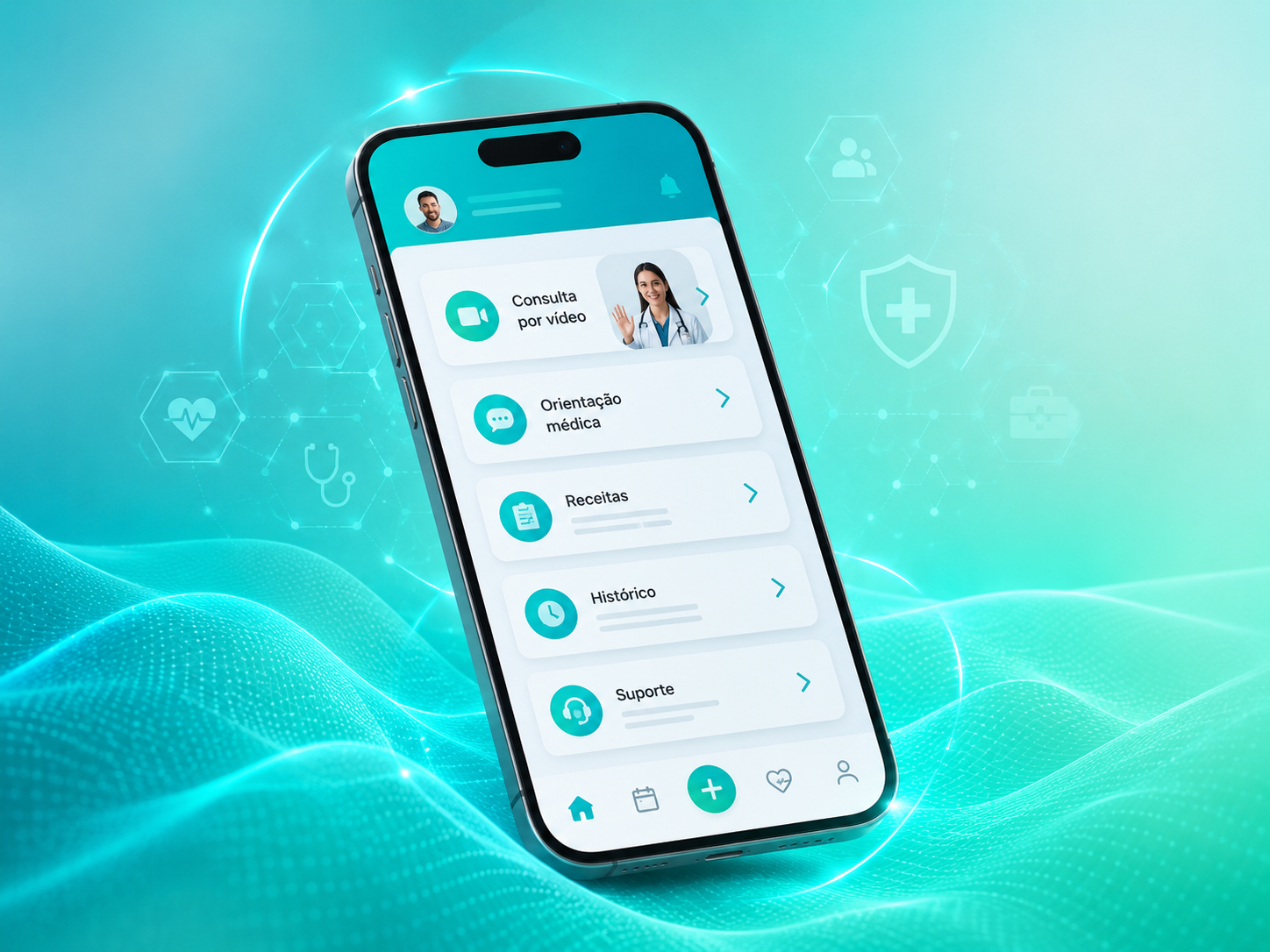 Interface de aplicativo de telemedicina com opções de consulta por vídeo e suporte