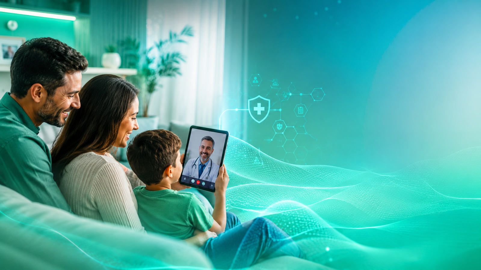 Família usando tablet para consulta médica online em casa