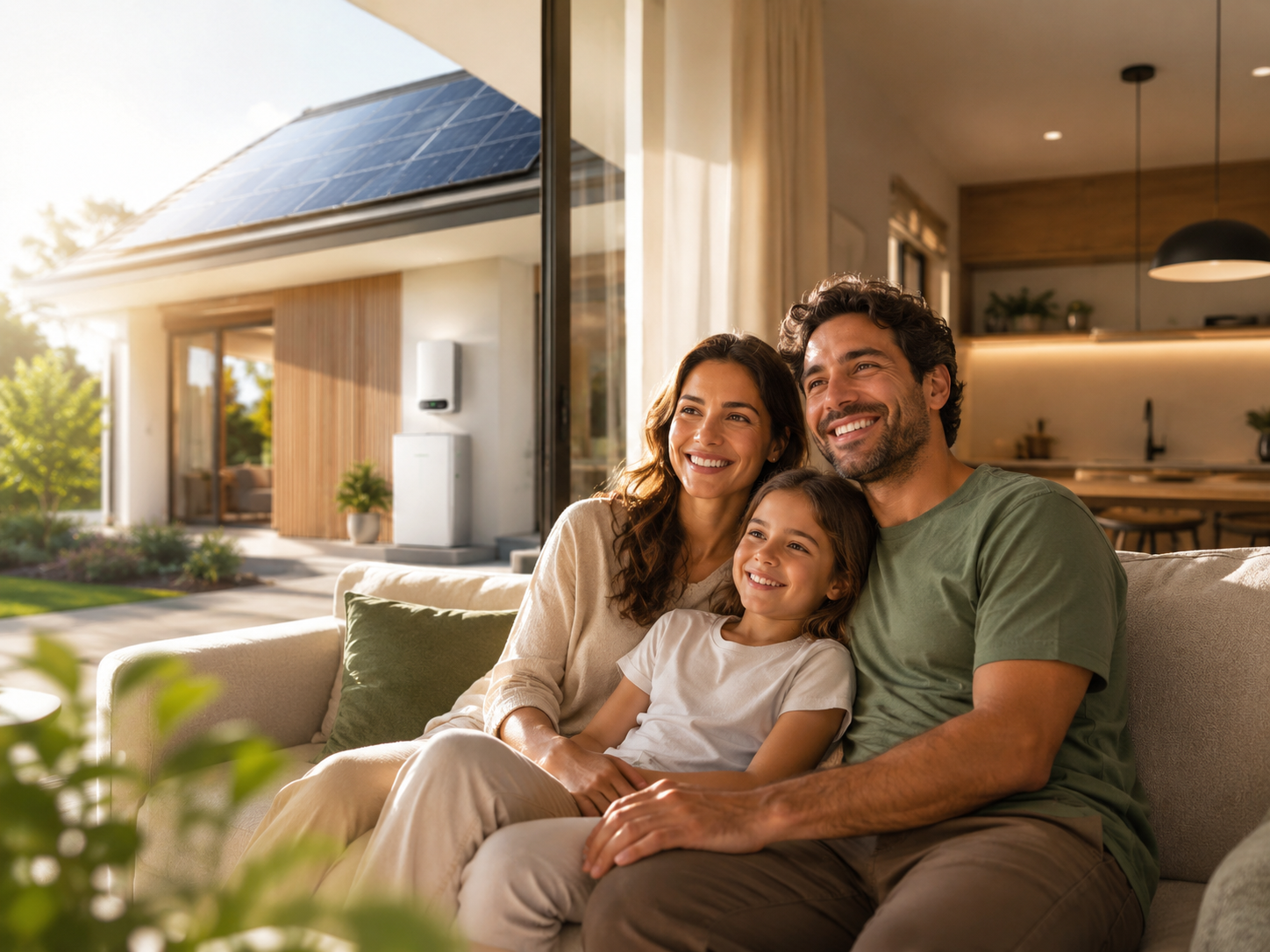 Família em casa moderna com energia eficiente