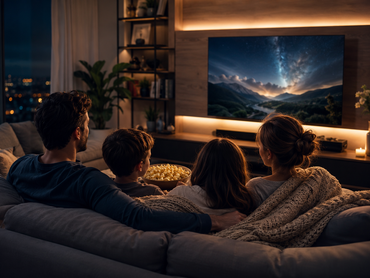 Momento em família com entretenimento digital em casa