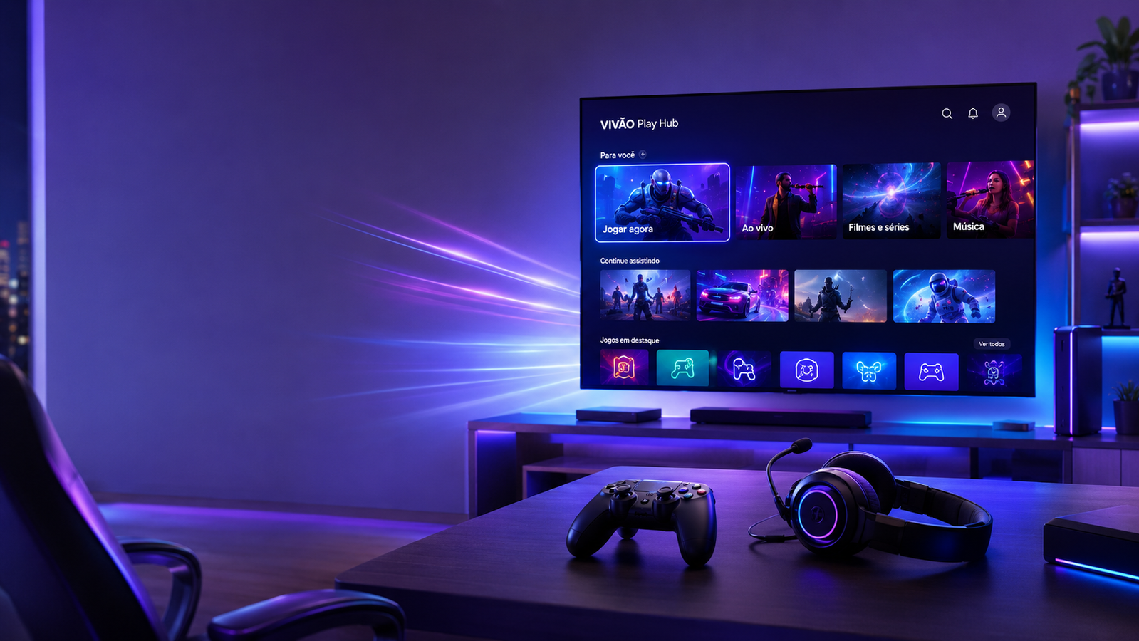 Espaço gamer com iluminação moderna