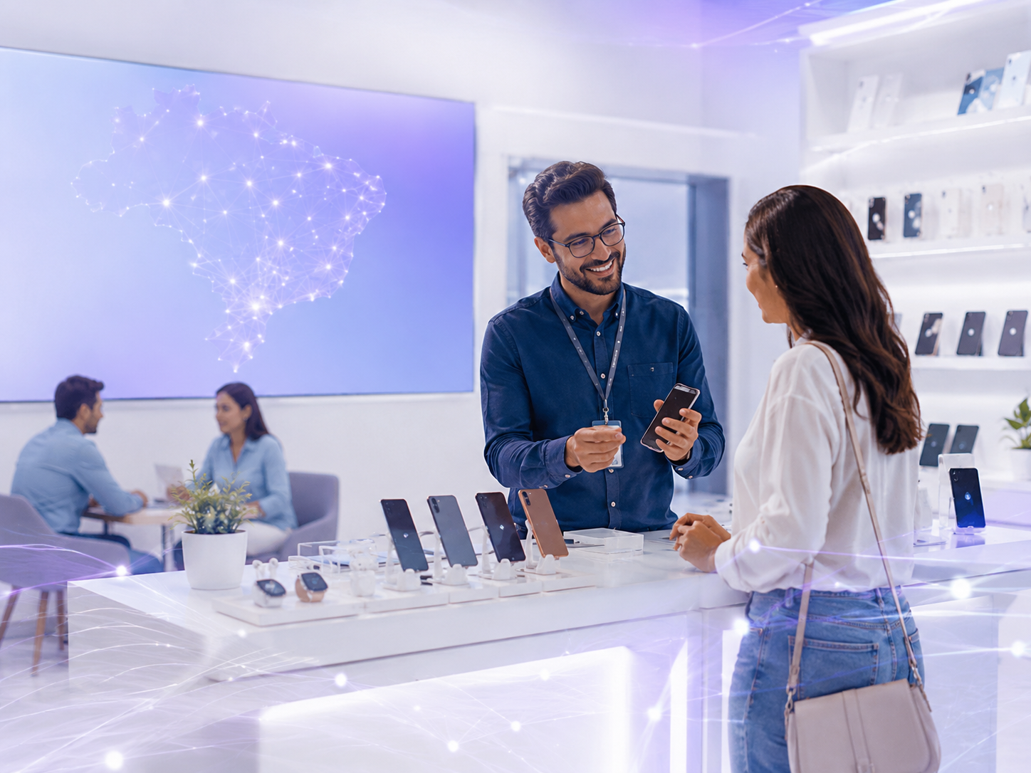 Parceiro apresentando serviços VIVÃO em loja de tecnologia