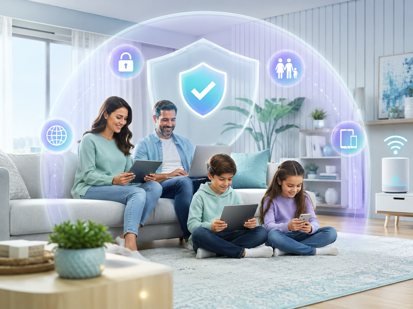 Família protegida em ambiente digital seguro