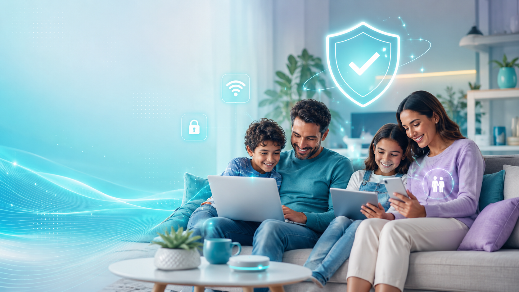 Família usando dispositivos com proteção digital ativa em casa