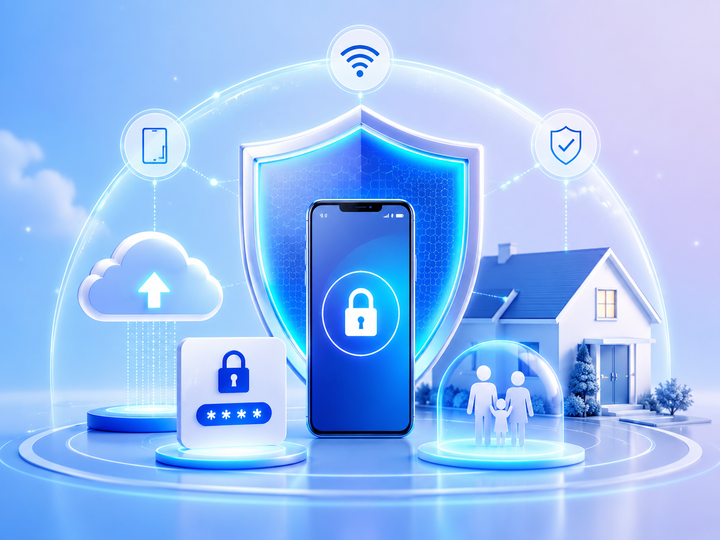Hub de proteção digital com celular, nuvem, casa e senha