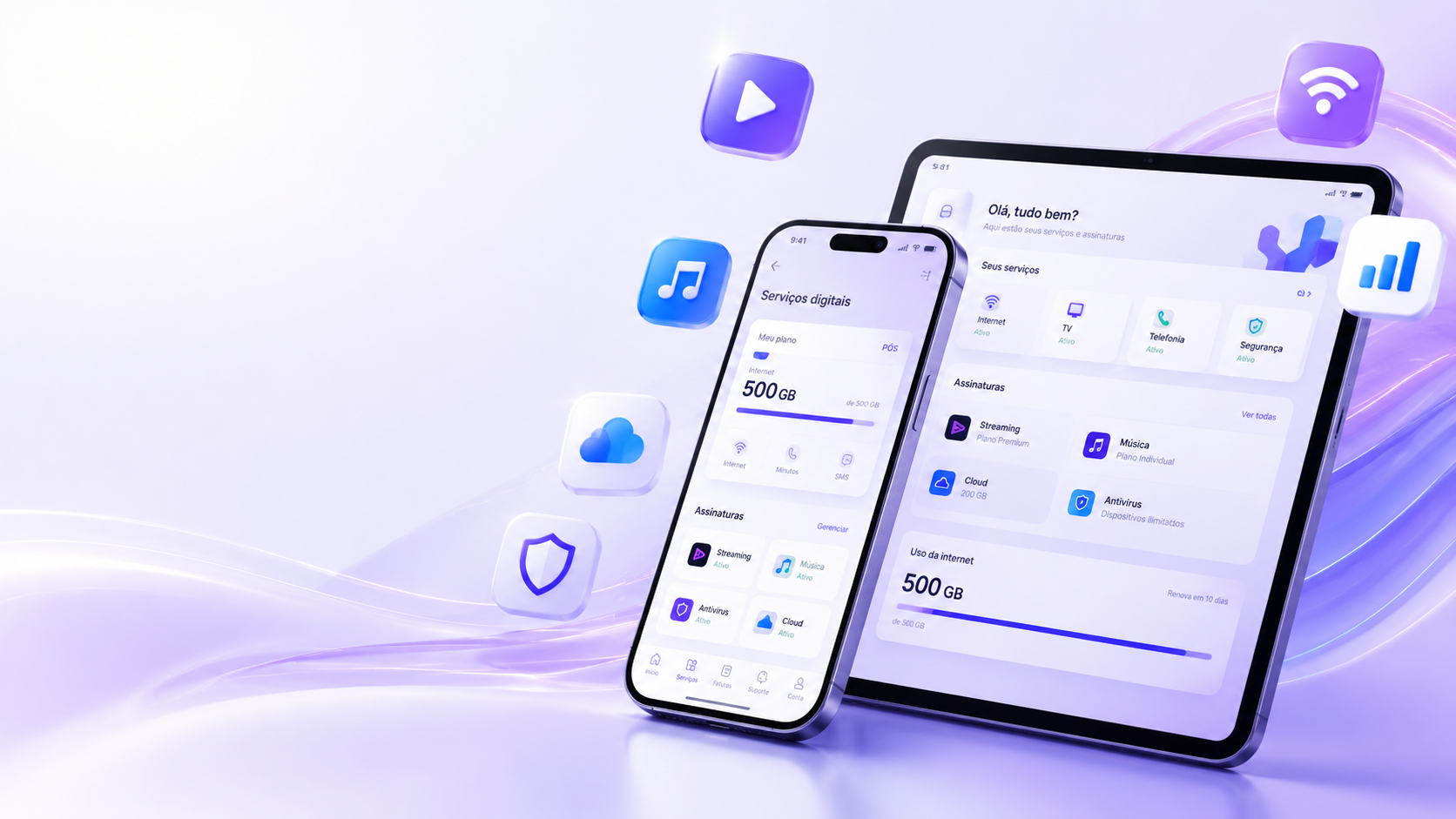 Painel do app com serviços digitais ativos