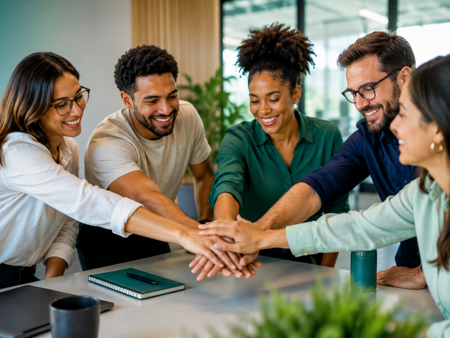 Equipe unindo as mãos em sinal de colaboração